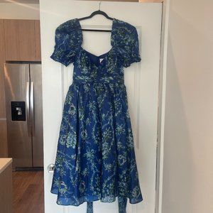 NWT Selkie XXL Silk-Satin French Rebecca Dress in Blue Divinity Print